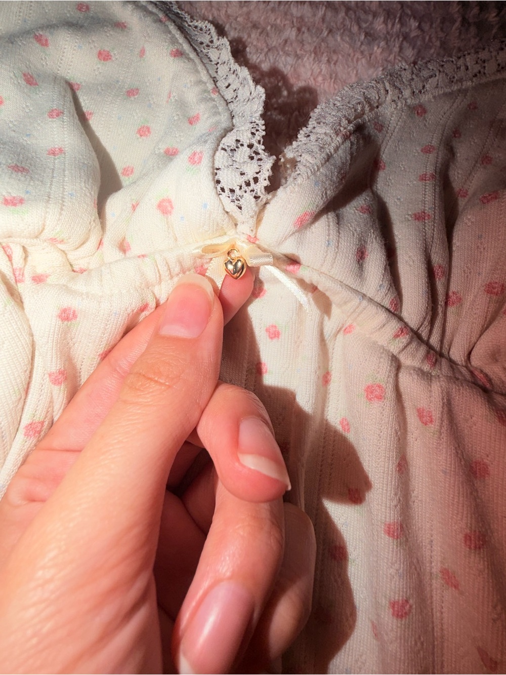 Pink Rose Cream Camisole with Pink floral Print and blue dots - Picture 4 of 8